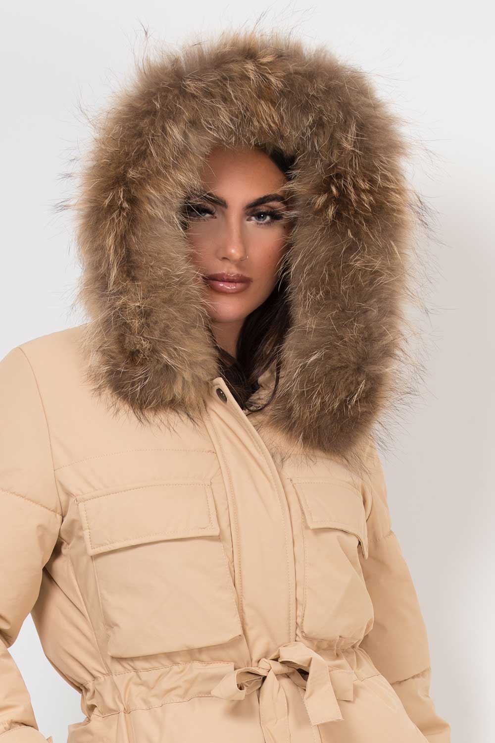 Real Fur Hood Coat With Drawstring Waist Beige