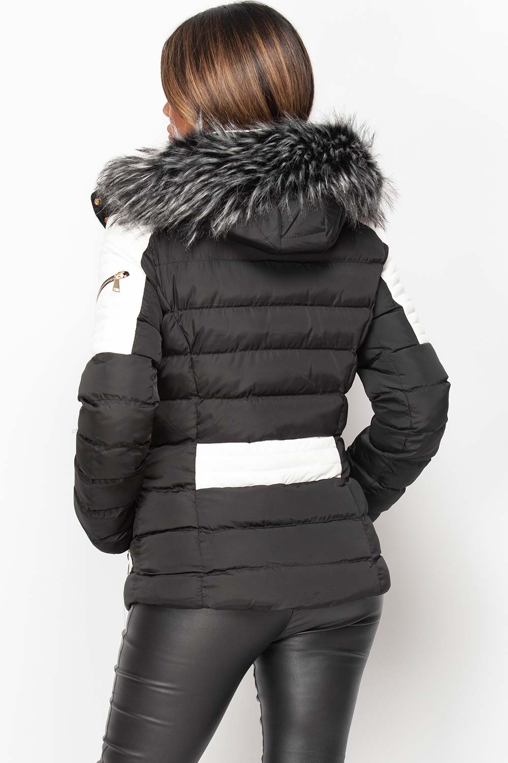 Puffer Coat With Faux Fur Hood Black And White