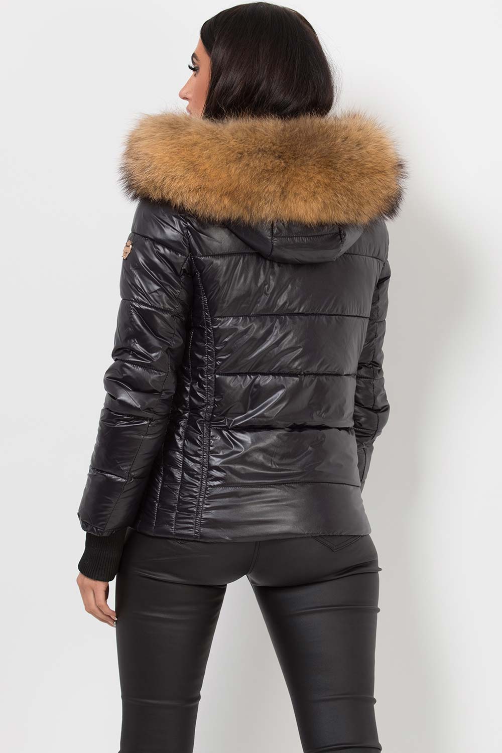 Black Puffer Jacket With Real Fur Hood