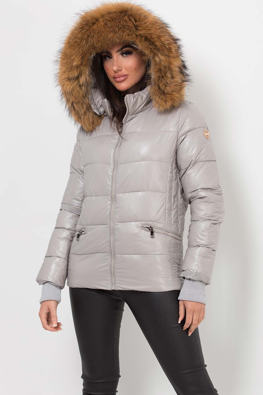 Puffer Jacket With Real Fur Hood Grey