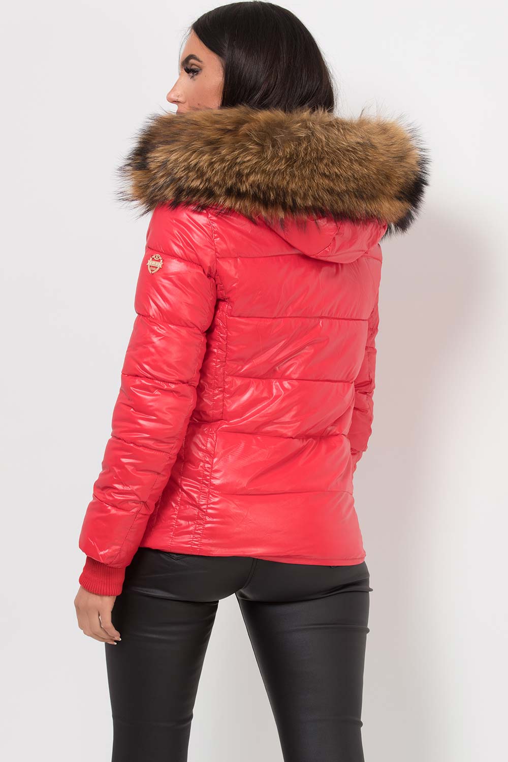 Puffer Jacket With Real Fur Hood Red