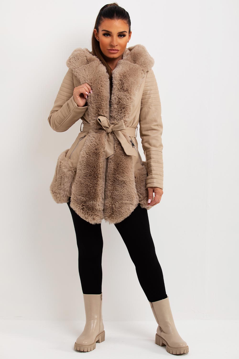 Faux Leather Jacket With Faux Fur Panels Beige