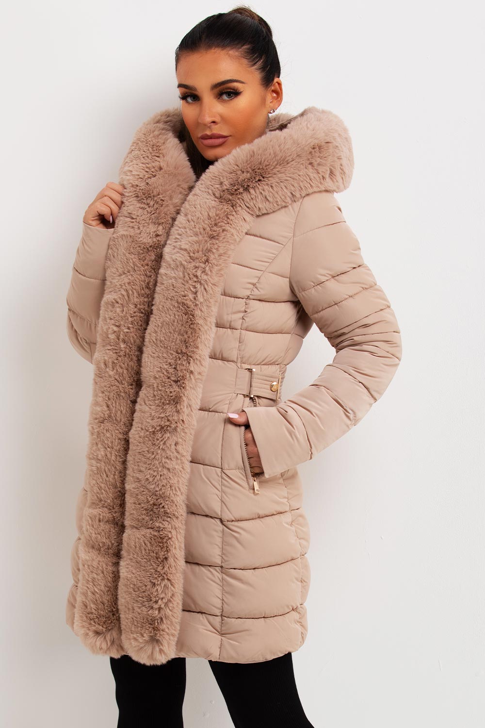 Puffer Padded Coat With Faux Fur Hood Beige