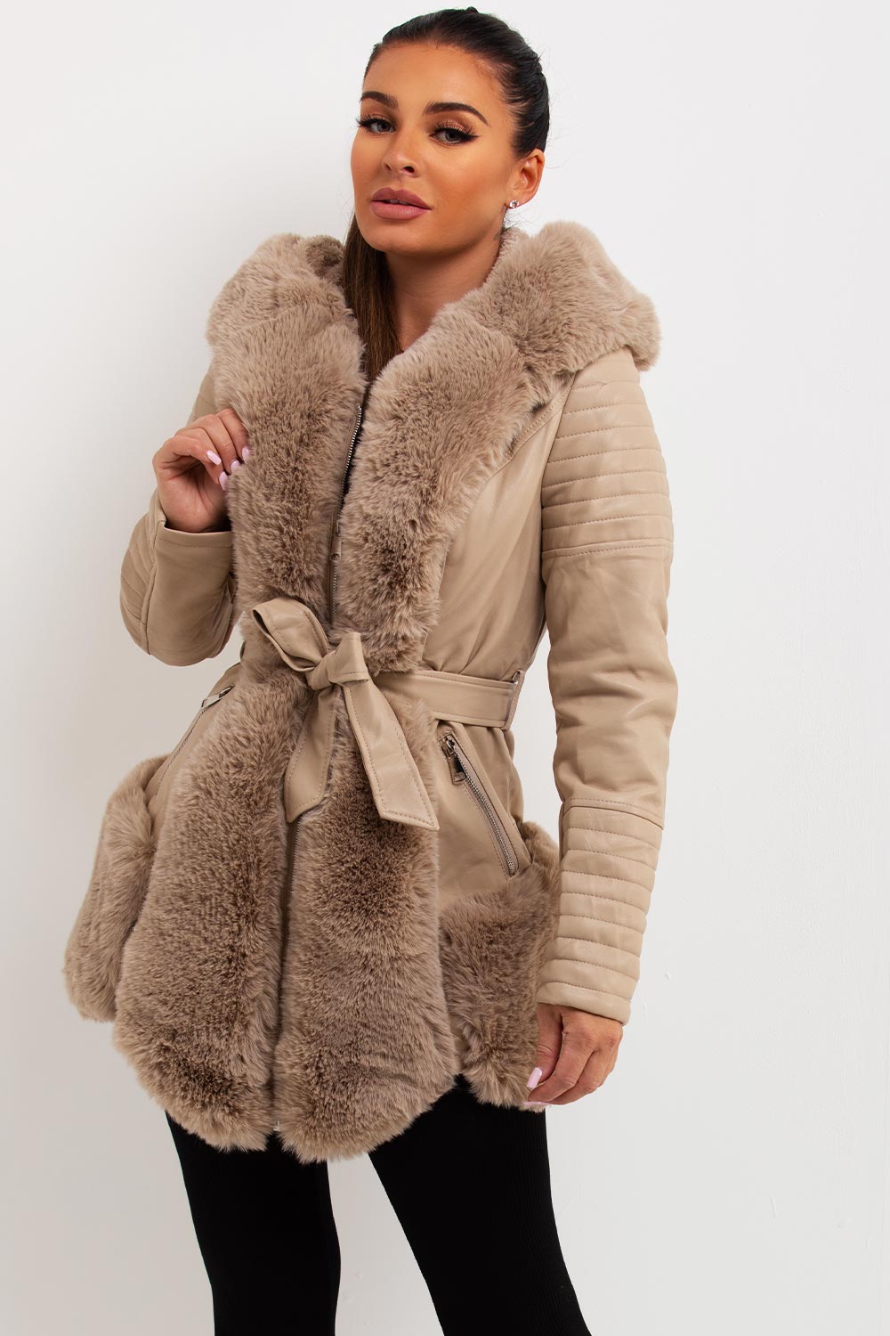 Faux Leather Jacket With Faux Fur Panels Beige