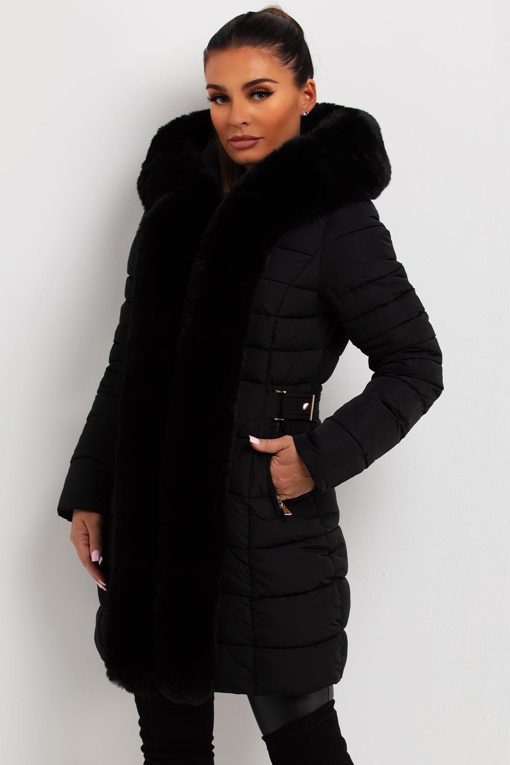 Puffer Padded Coat With Faux Fur Hood Black