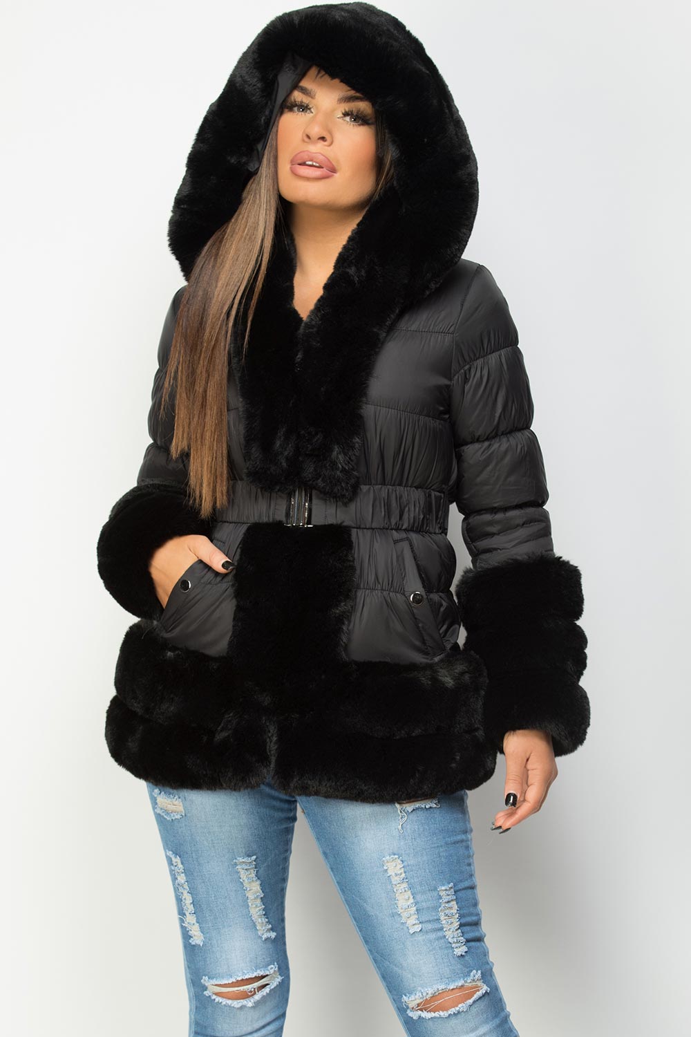 Faux Fur Trim Puffer Hooded Down Jacket With Belt