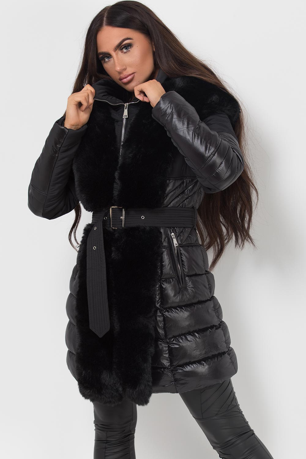 Black Puffer Coat With Faux Fur Hood And Trim