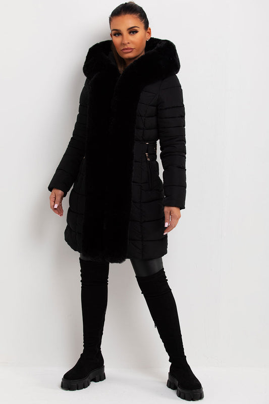 Puffer Padded Coat With Faux Fur Hood Black