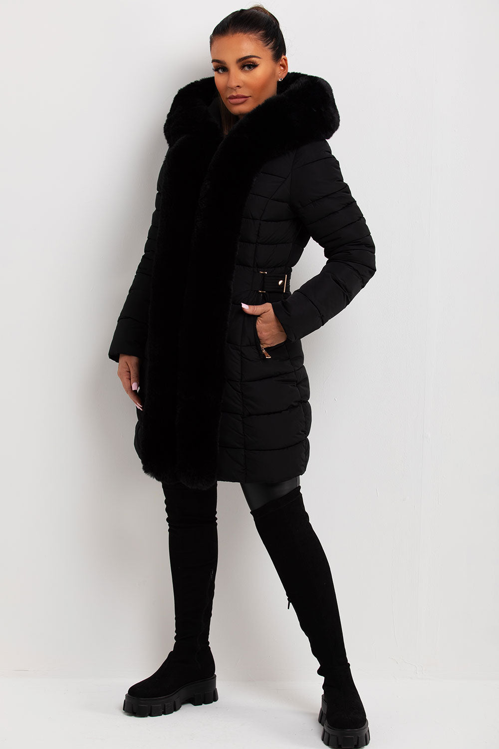 Puffer Padded Coat With Faux Fur Hood Black