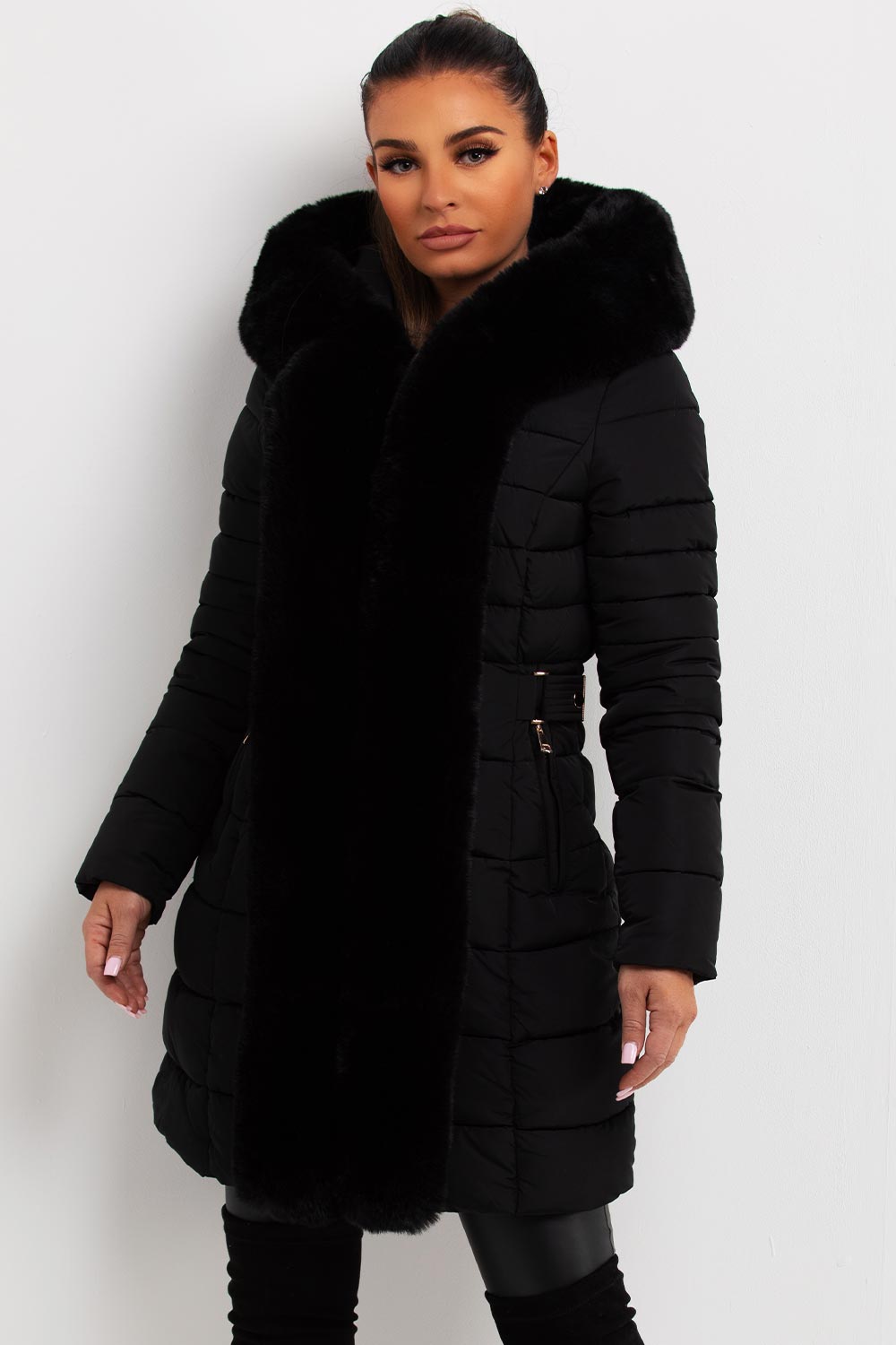 Puffer Padded Coat With Faux Fur Hood Black