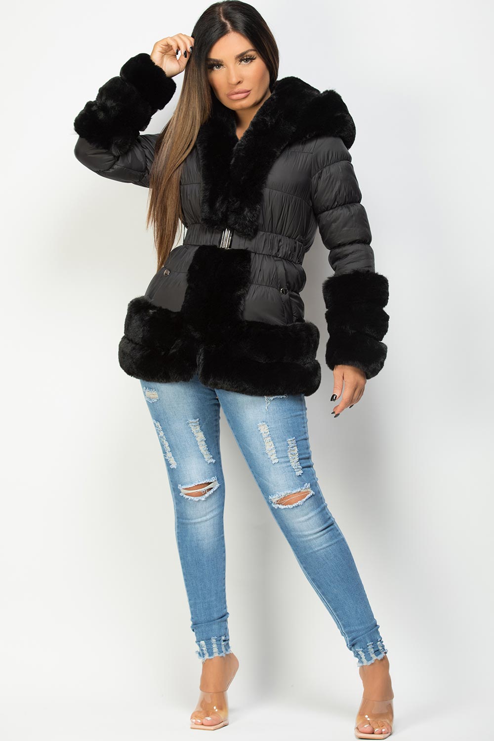 Faux Fur Trim Puffer Hooded Down Jacket With Belt