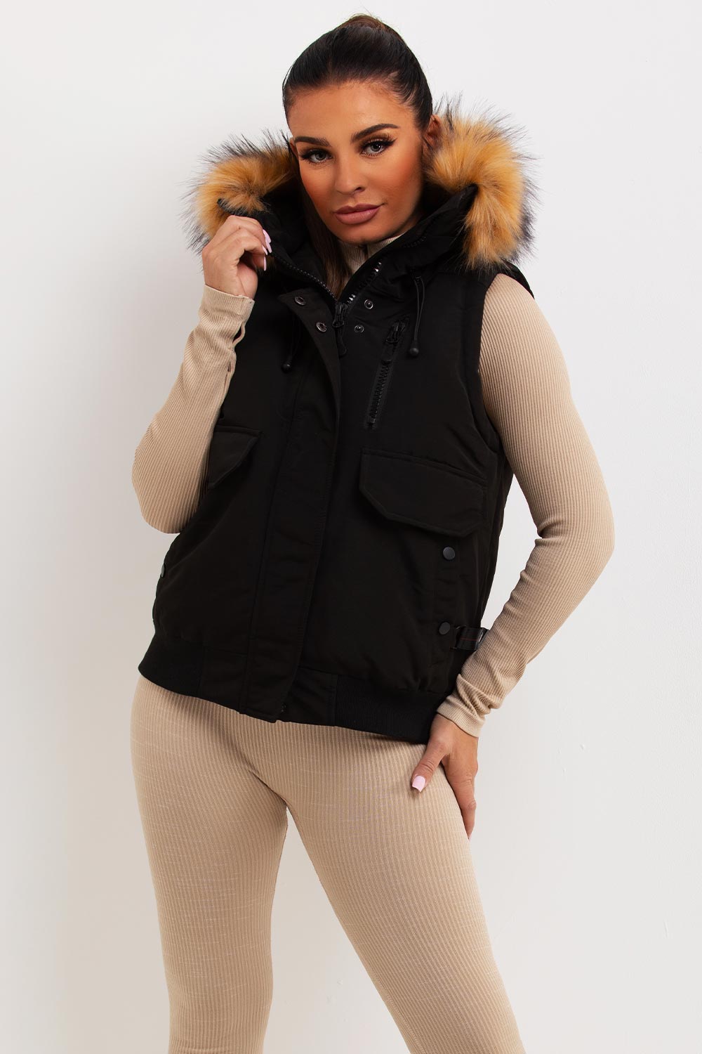 Black Gilet With Fur Hood