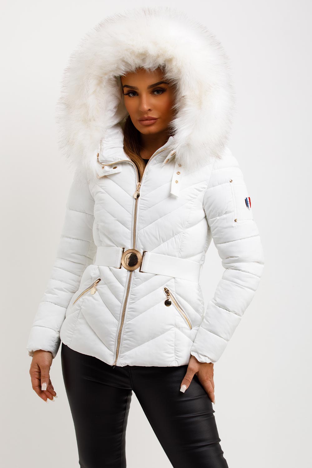 Puffer Jacket With Fur Hood And Belt White