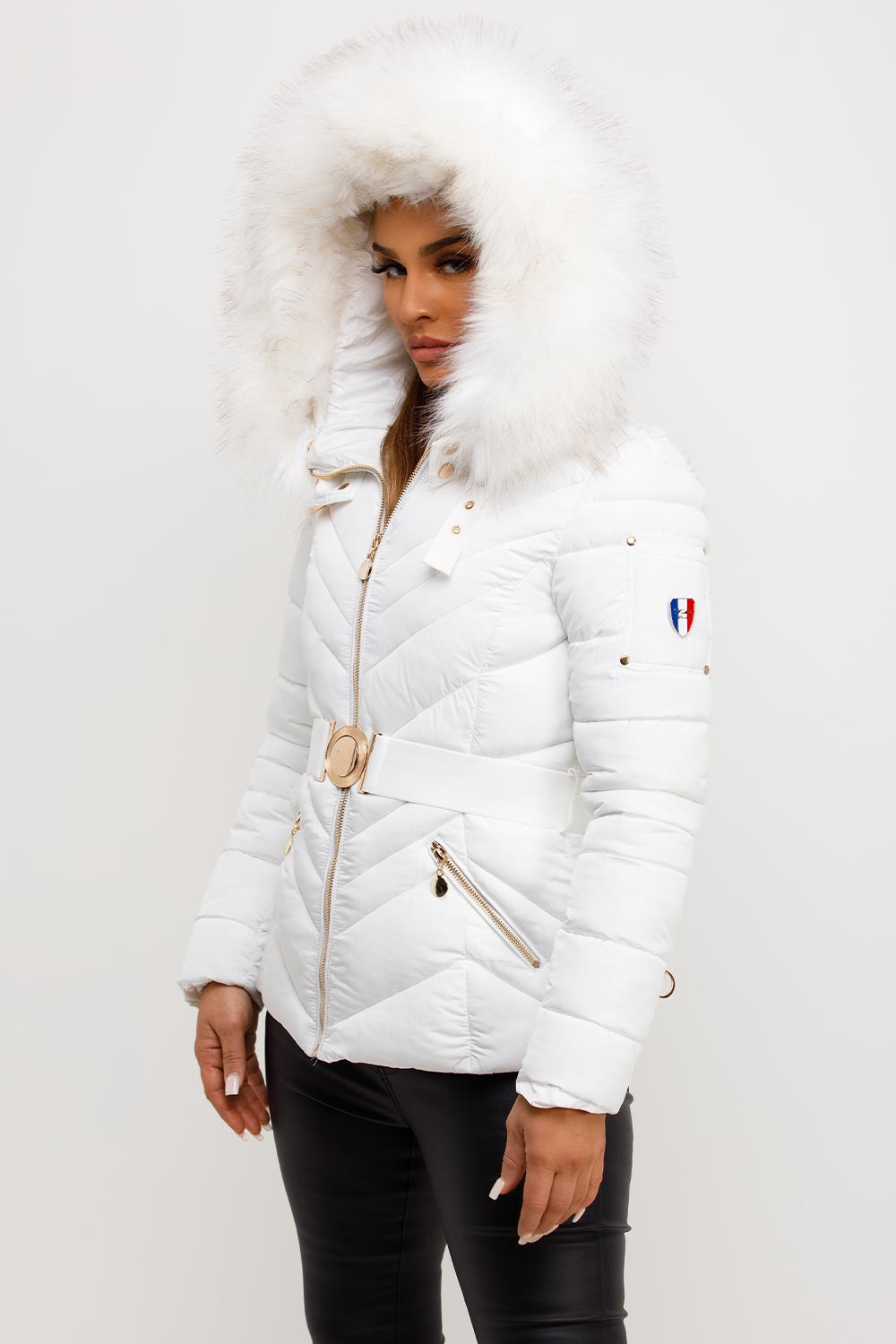 Puffer Jacket With Fur Hood And Belt White