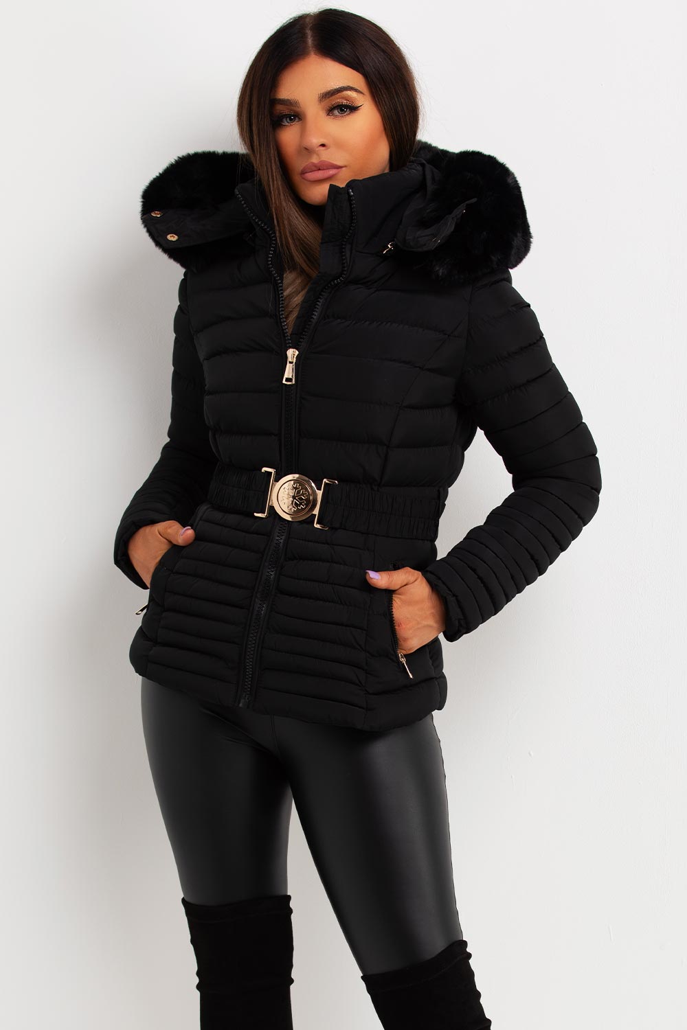 Black Puffer Jacket With Faux Fur Hood And Gold Belt