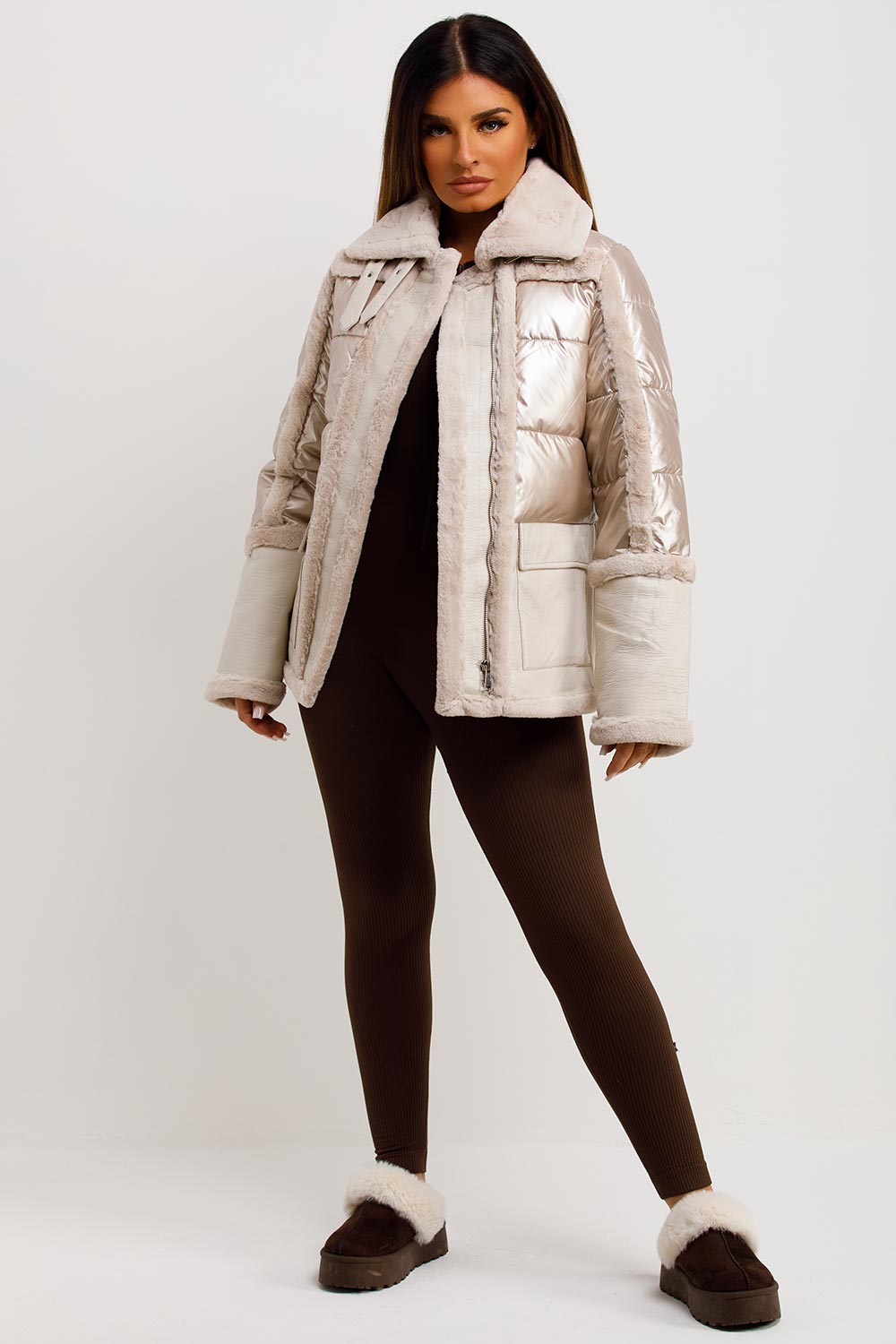 Faux Fur Trim Faux Suede Jacket In Rose Gold