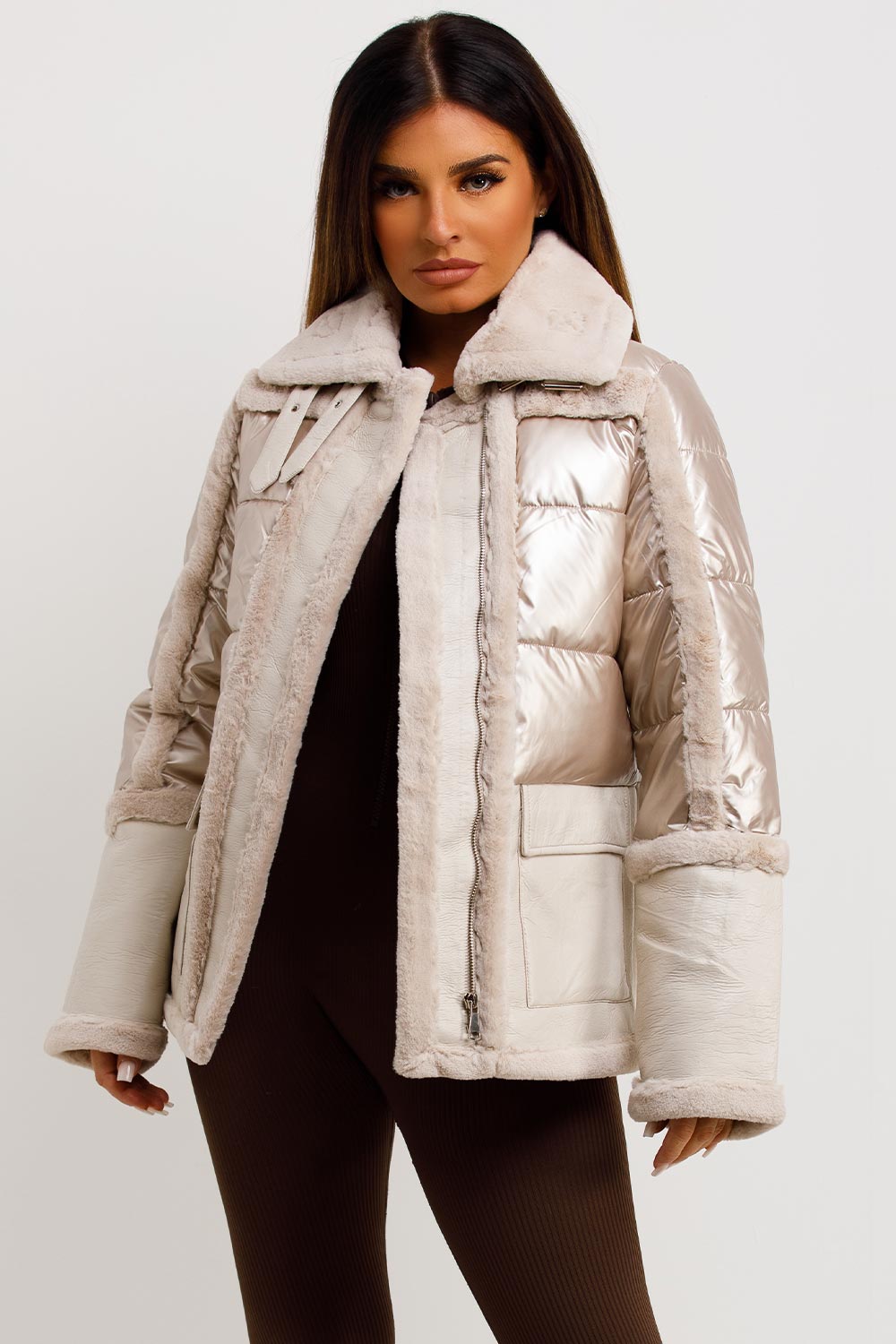 Faux Fur Trim Faux Suede Jacket In Rose Gold