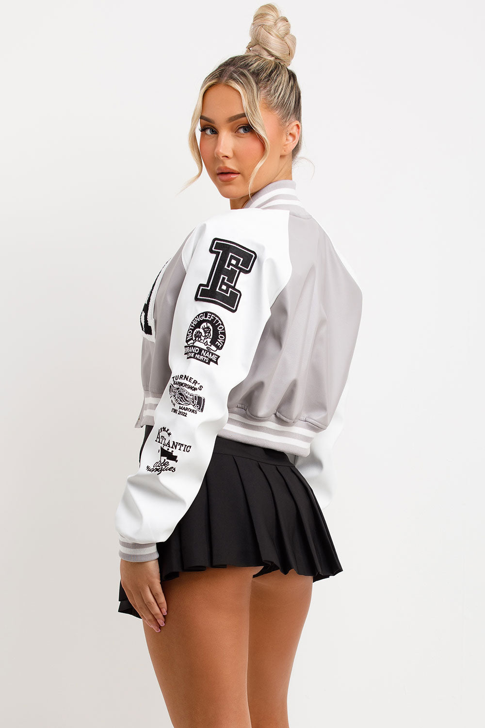 Varsity Bomber Faux Leather Jacket With Letter Detail Grey