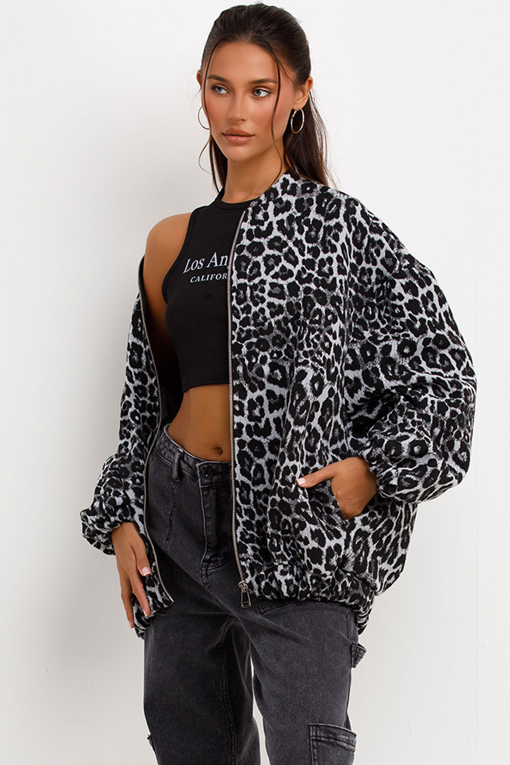 Leopard Print Bomber Jacket Grey