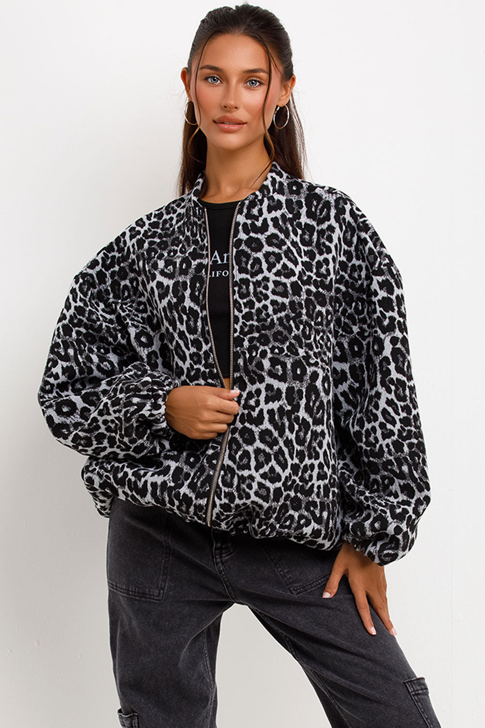 Leopard Print Bomber Jacket Grey