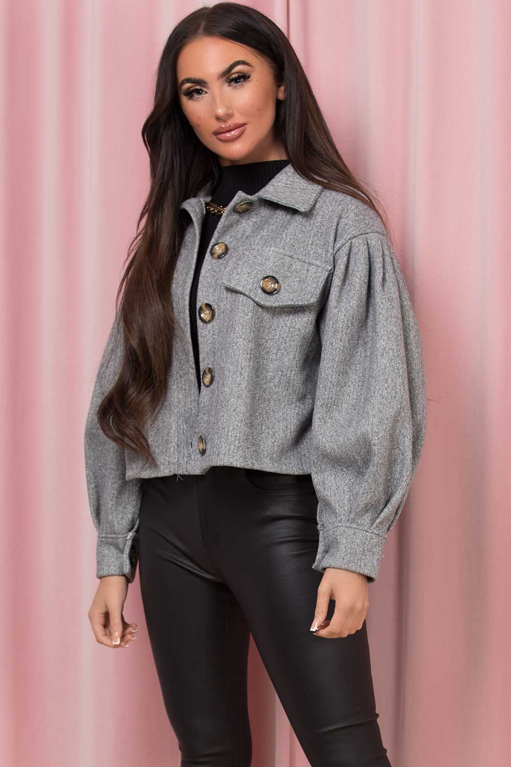 Grey Cropped Shacket Jacket With Puff Sleeves