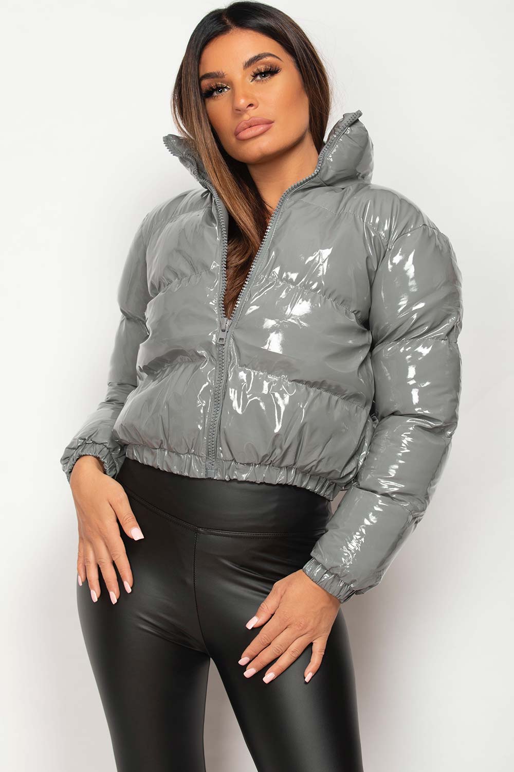 Grey Shiny Vinyl Puffer Jacket Cropped