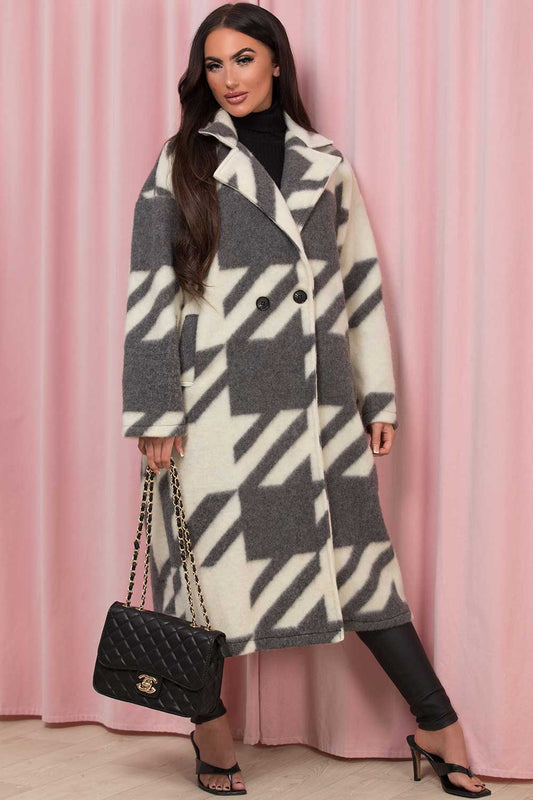 Grey Long Coat Dogtooth Print