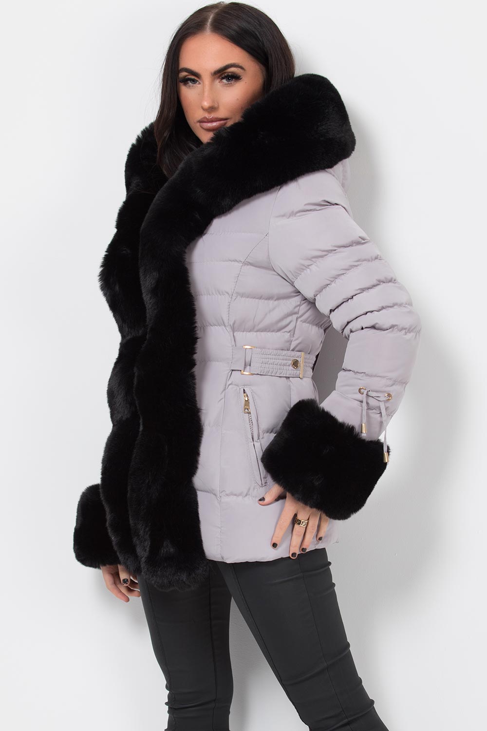 Grey Puffer Coat With Faux Fur Hood And Cuff