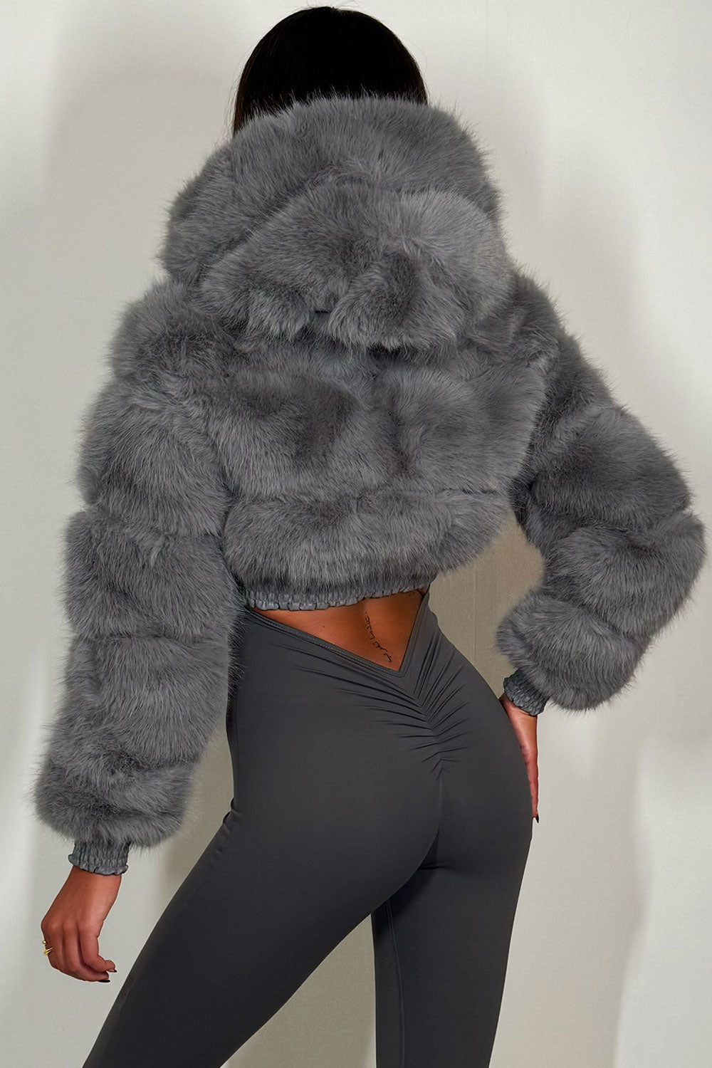 Crop Faux Fur Jacket With Hood Grey