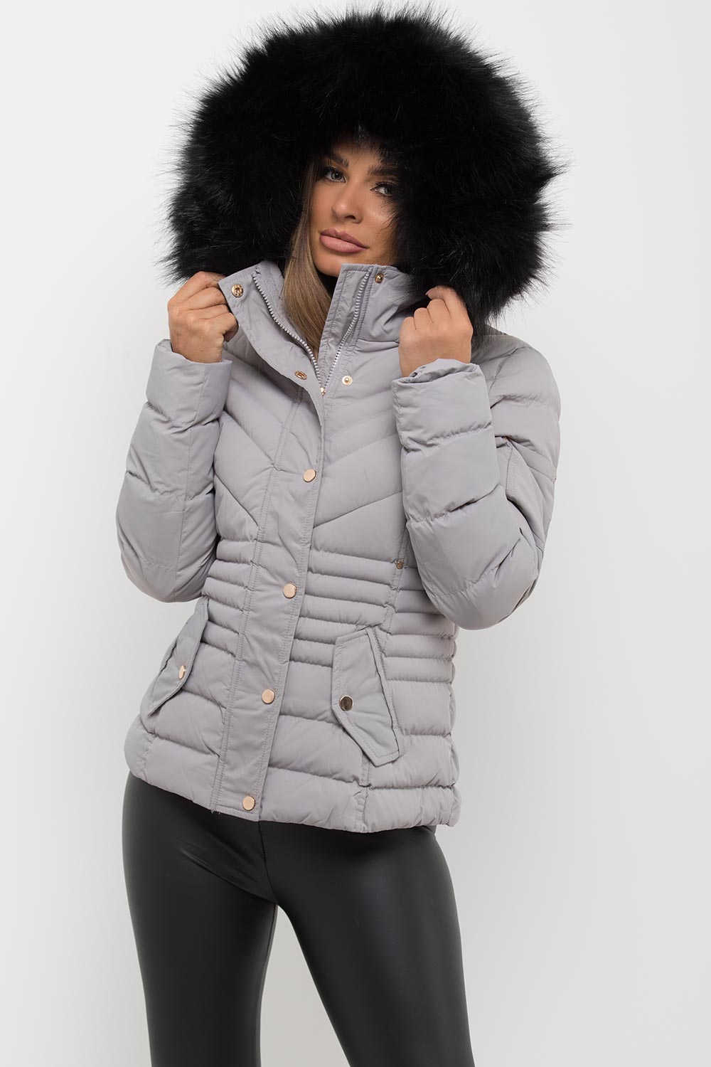 Grey Puffer Coat With Fur Hood