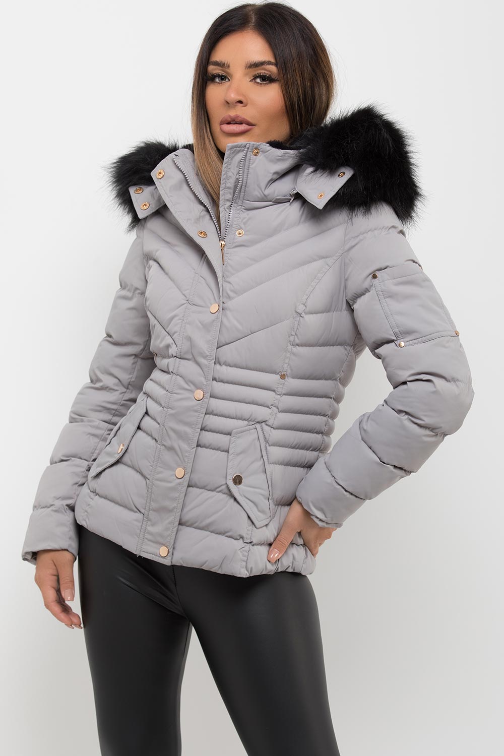 Grey Puffer Coat With Fur Hood