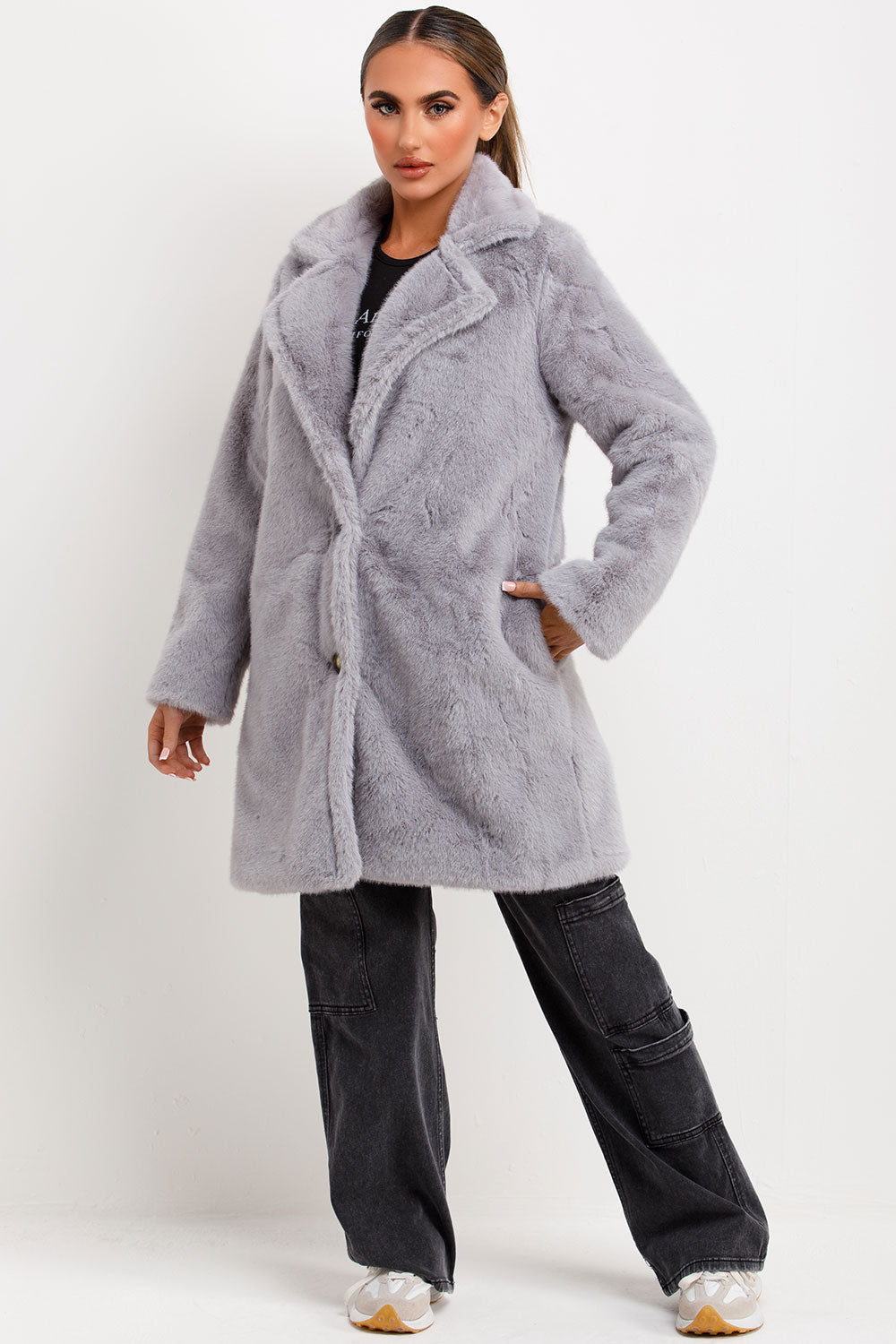 Faux Fur Coat With Lapel Collar Grey