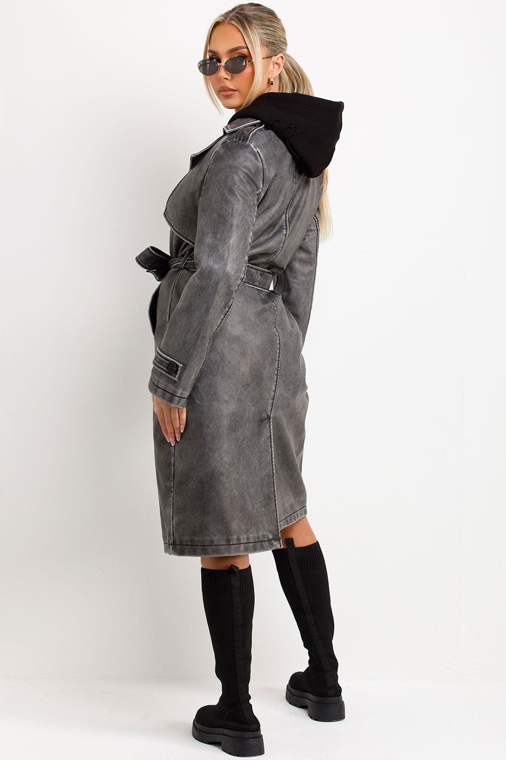 Faux Leather trench Coat With Belt Grey