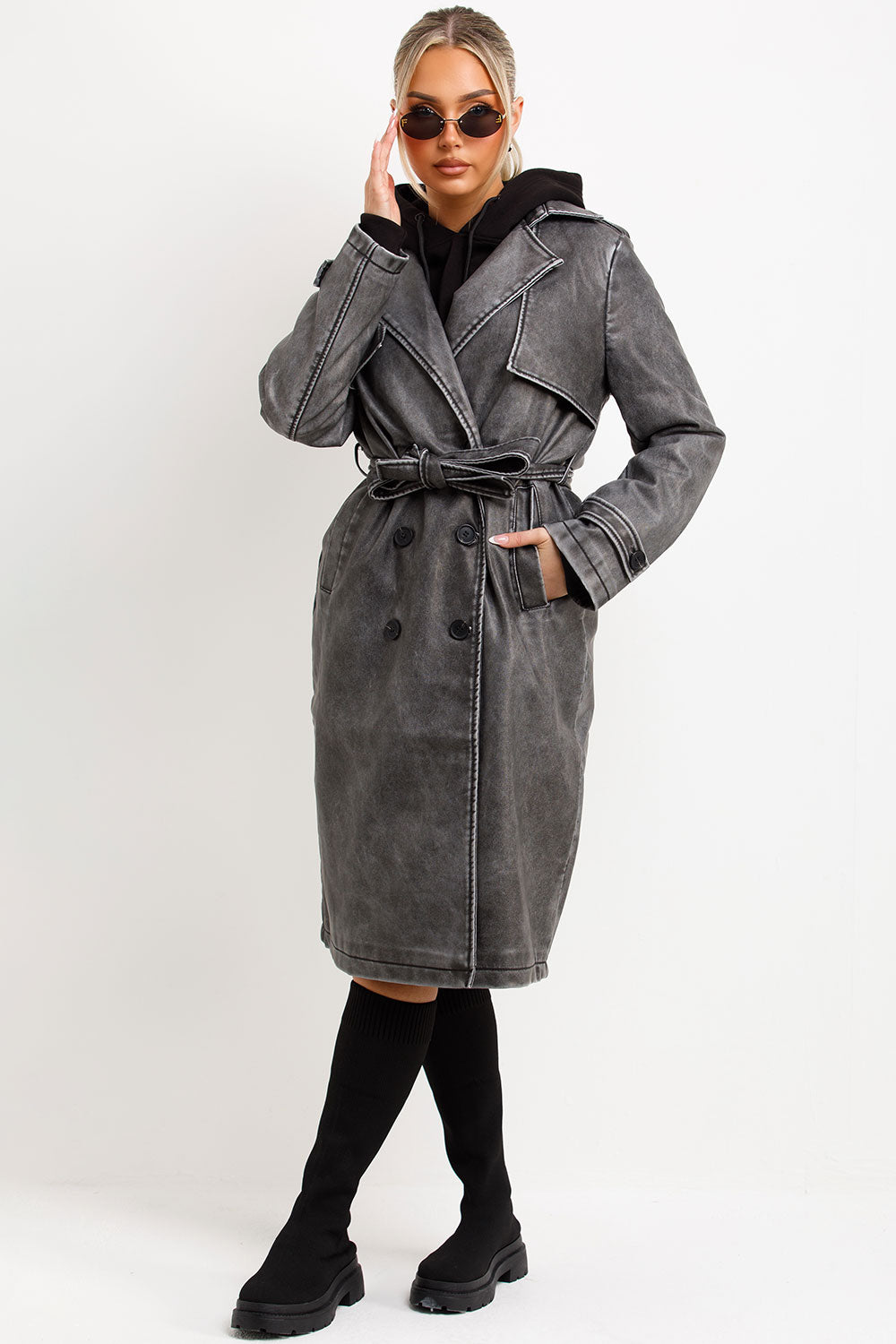 Faux Leather trench Coat With Belt Grey