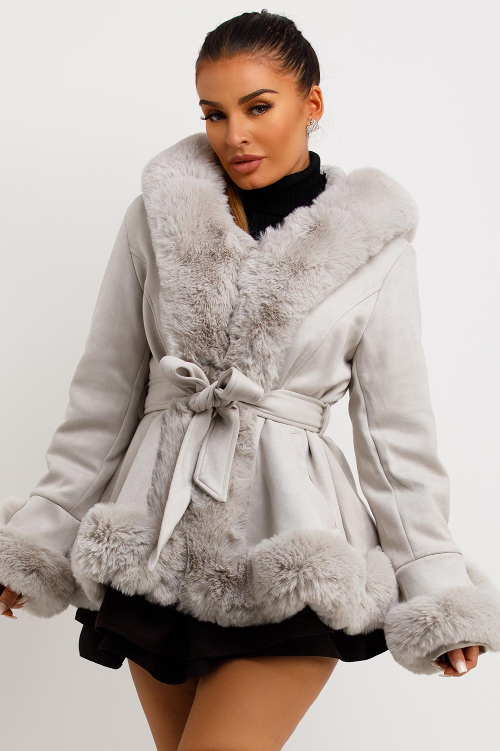 Grey Faux Fur Faux Suede Hooded Belted Coat