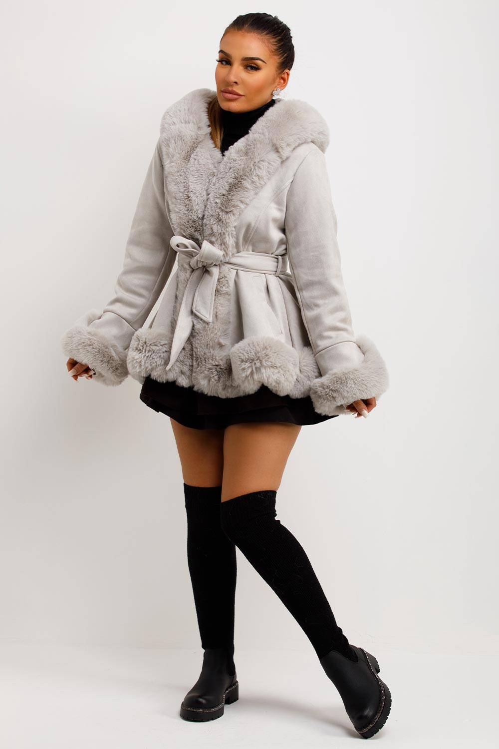 Grey Faux Fur Faux Suede Hooded Belted Coat