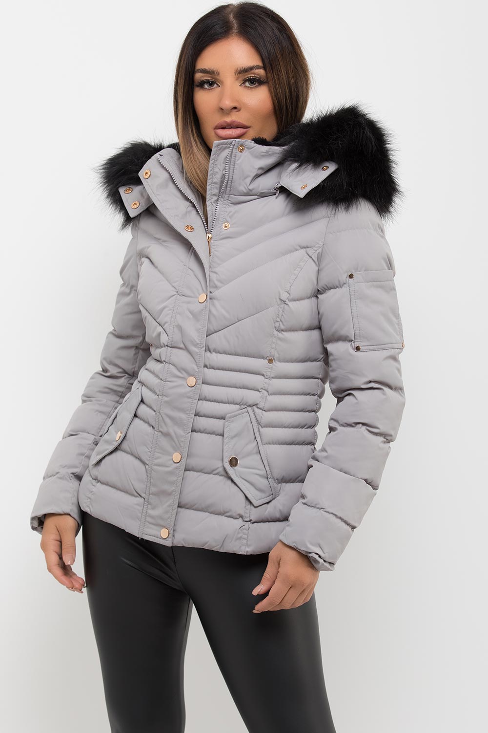 Grey Puffer Coat With Fur Hood