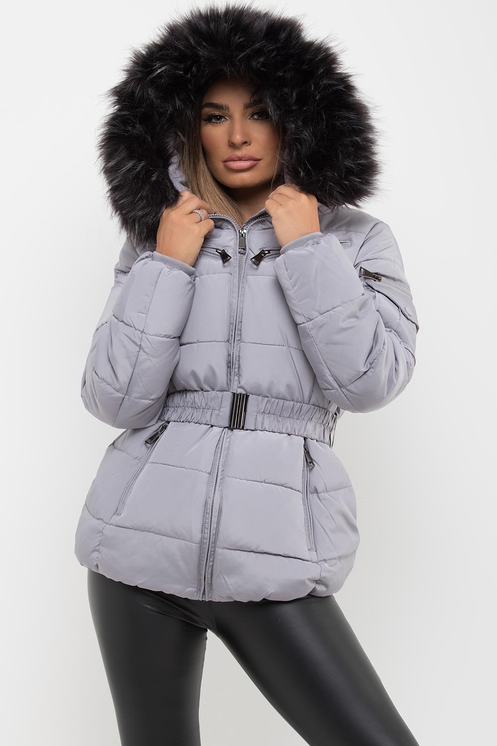 Grey Faux Fur Hooded Jacket With Belt