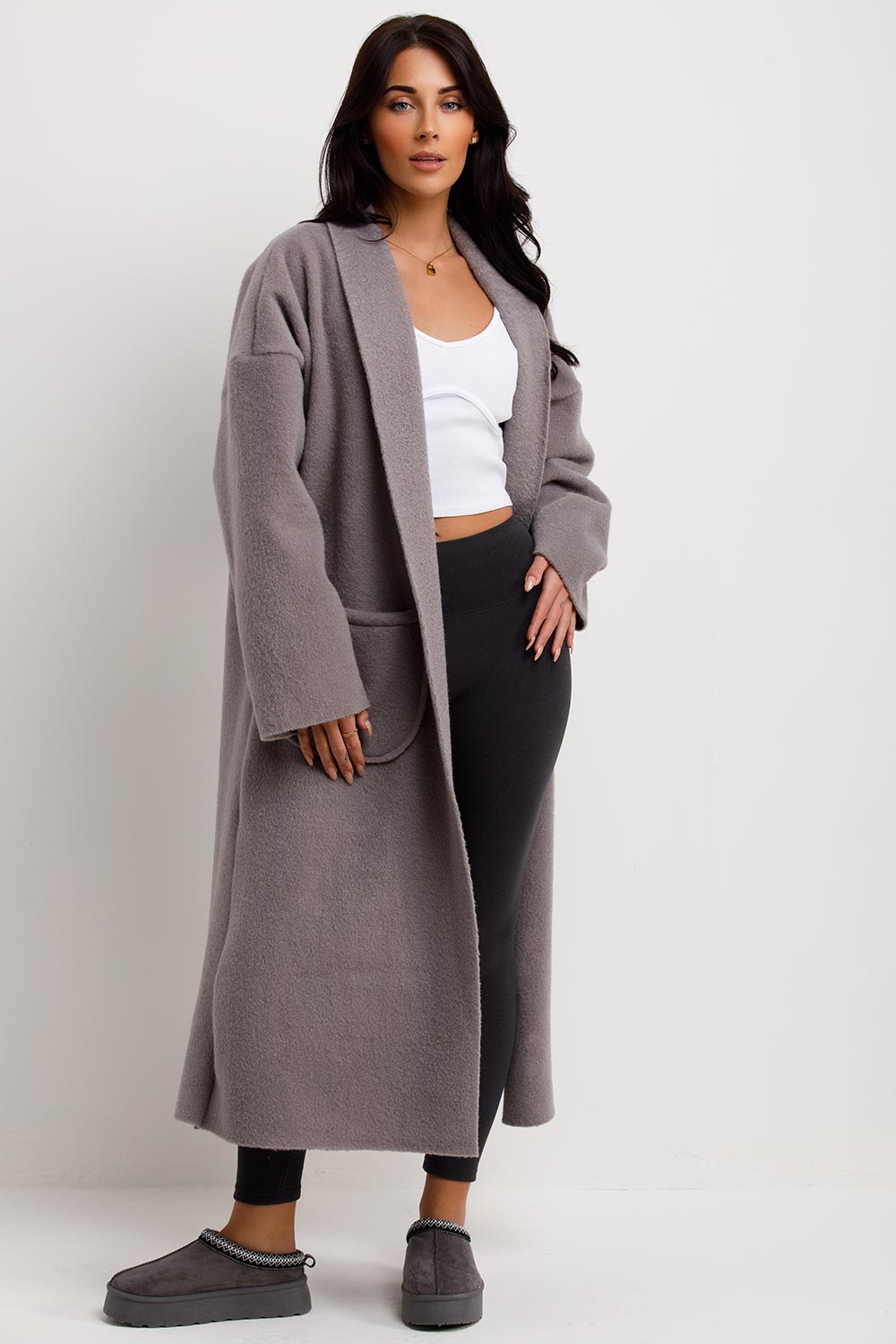 Longline Oversized Wool Look Coat With Pockets Grey