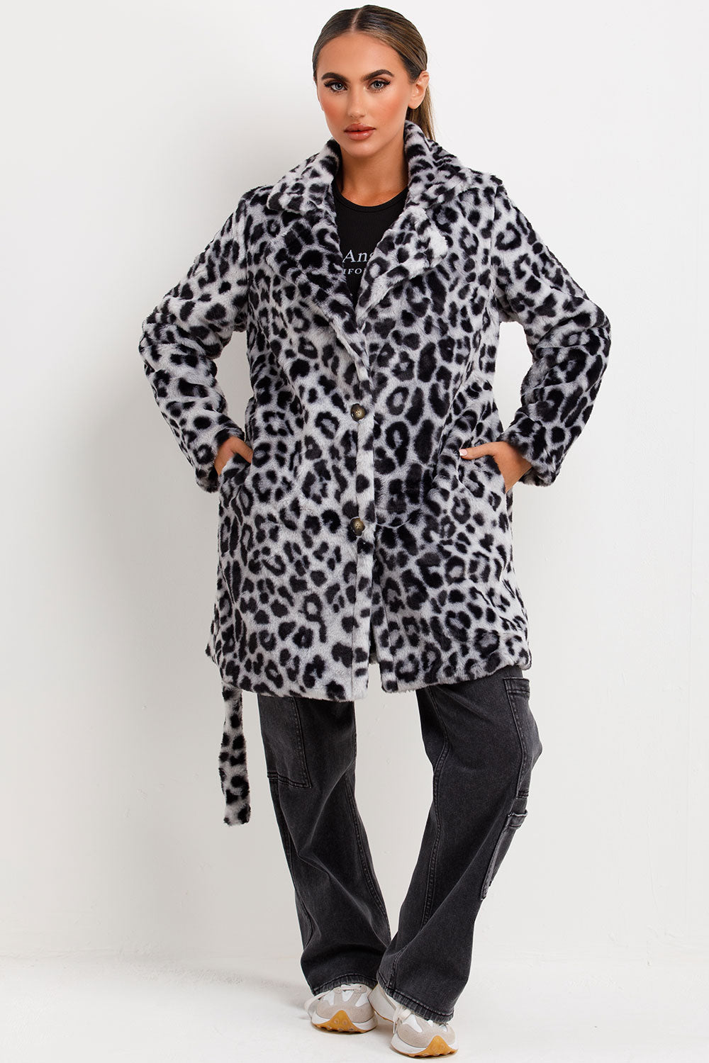 Leopard Print Faux Fur Coat With Belt And Lapel Collar Grey