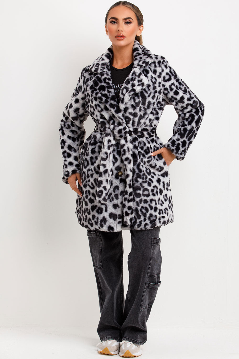 Leopard Print Faux Fur Coat With Belt And Lapel Collar Grey