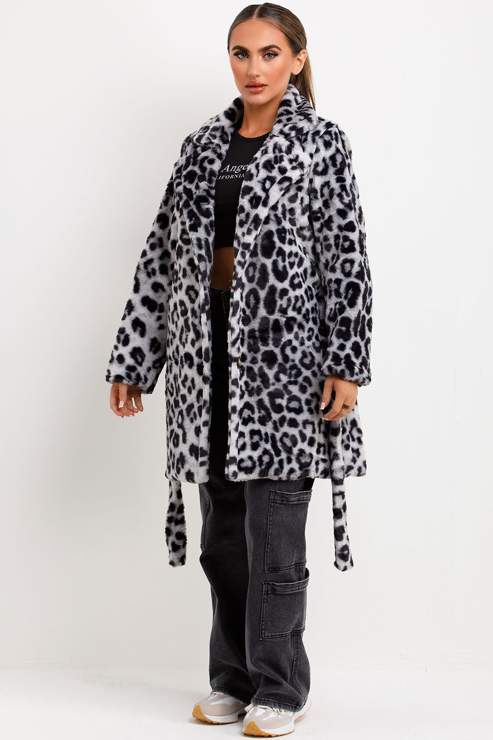 Leopard Print Faux Fur Coat With Belt And Lapel Collar Grey