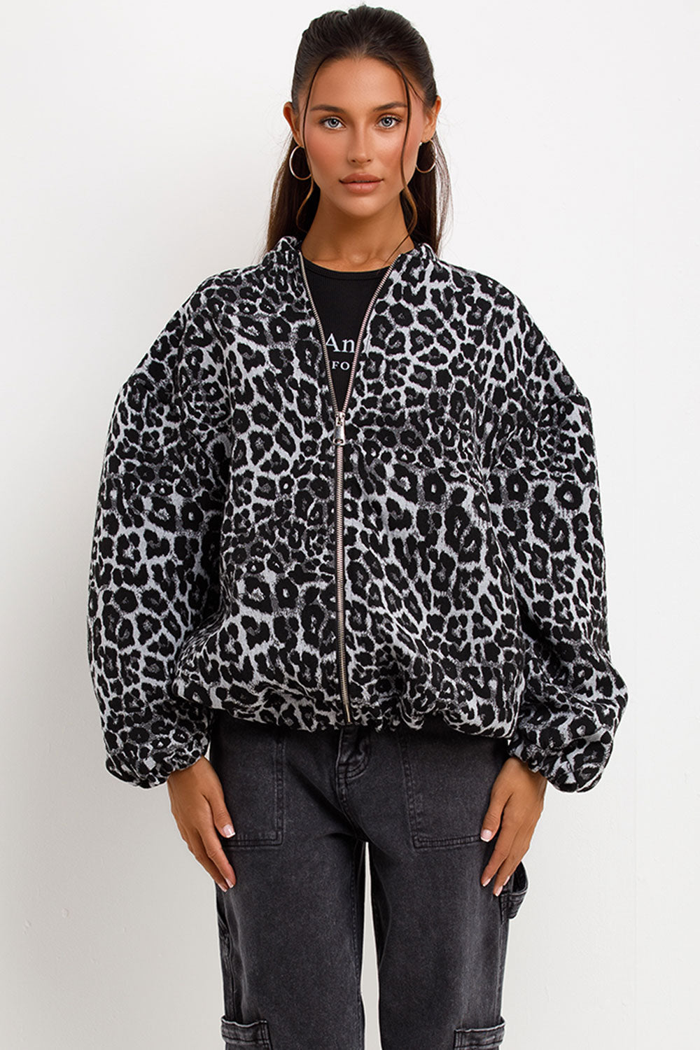 Leopard Print Bomber Jacket Grey