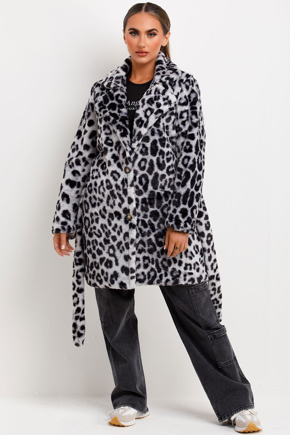 Leopard Print Faux Fur Coat With Belt And Lapel Collar Grey