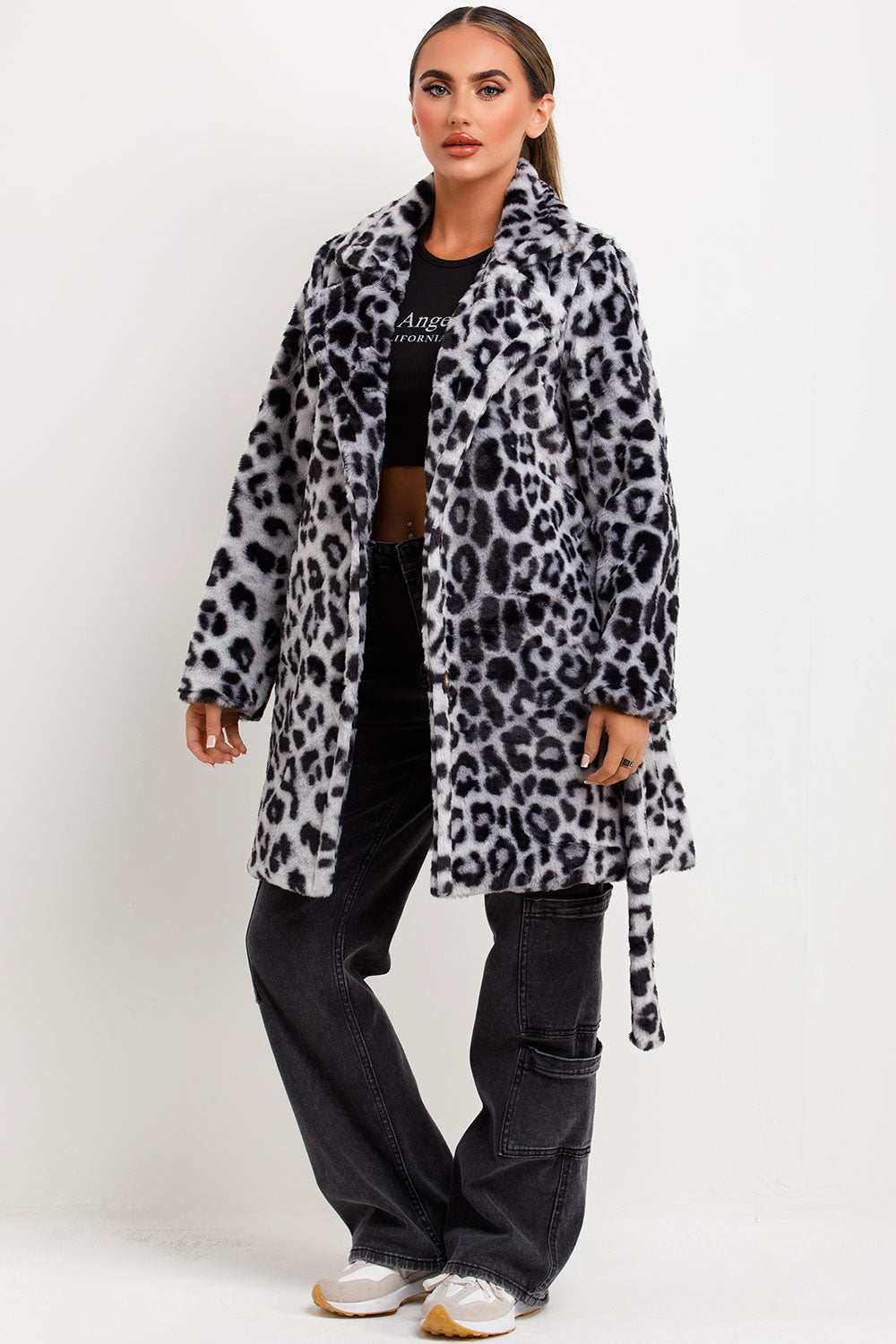 Leopard Print Faux Fur Coat With Belt And Lapel Collar Grey