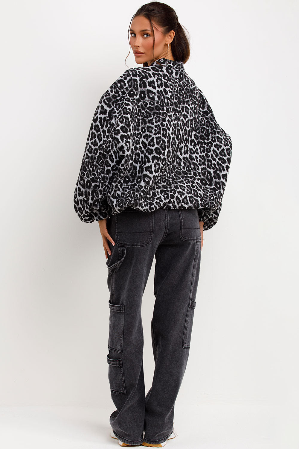 Leopard Print Bomber Jacket Grey