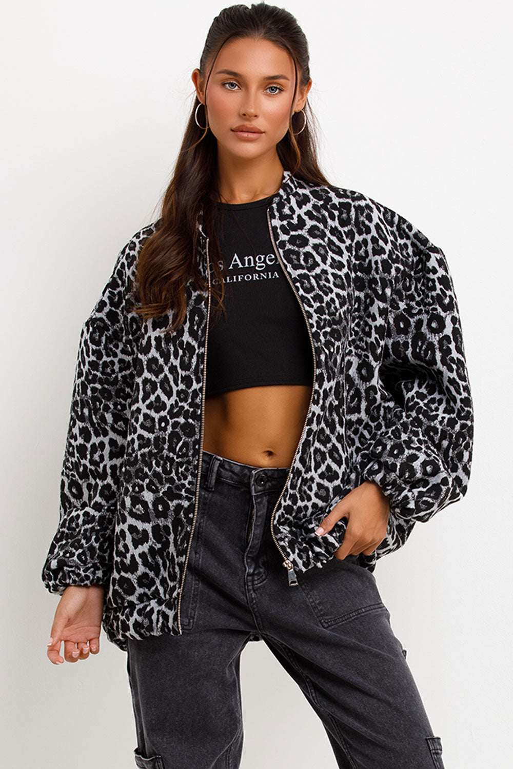 Leopard Print Bomber Jacket Grey