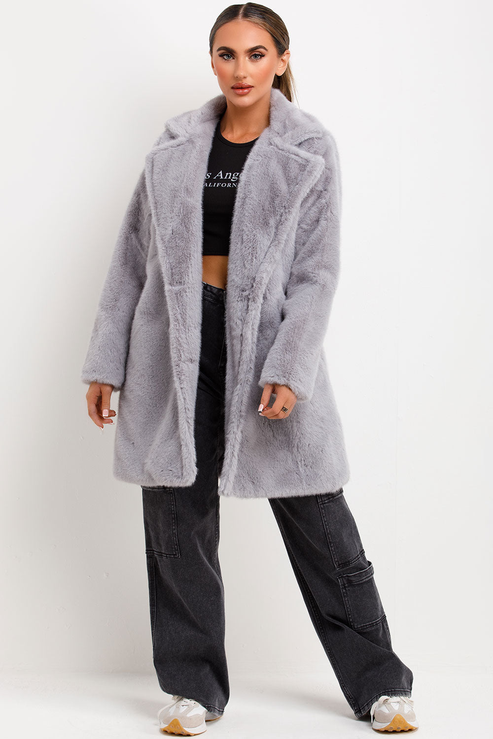 Faux Fur Coat With Lapel Collar Grey