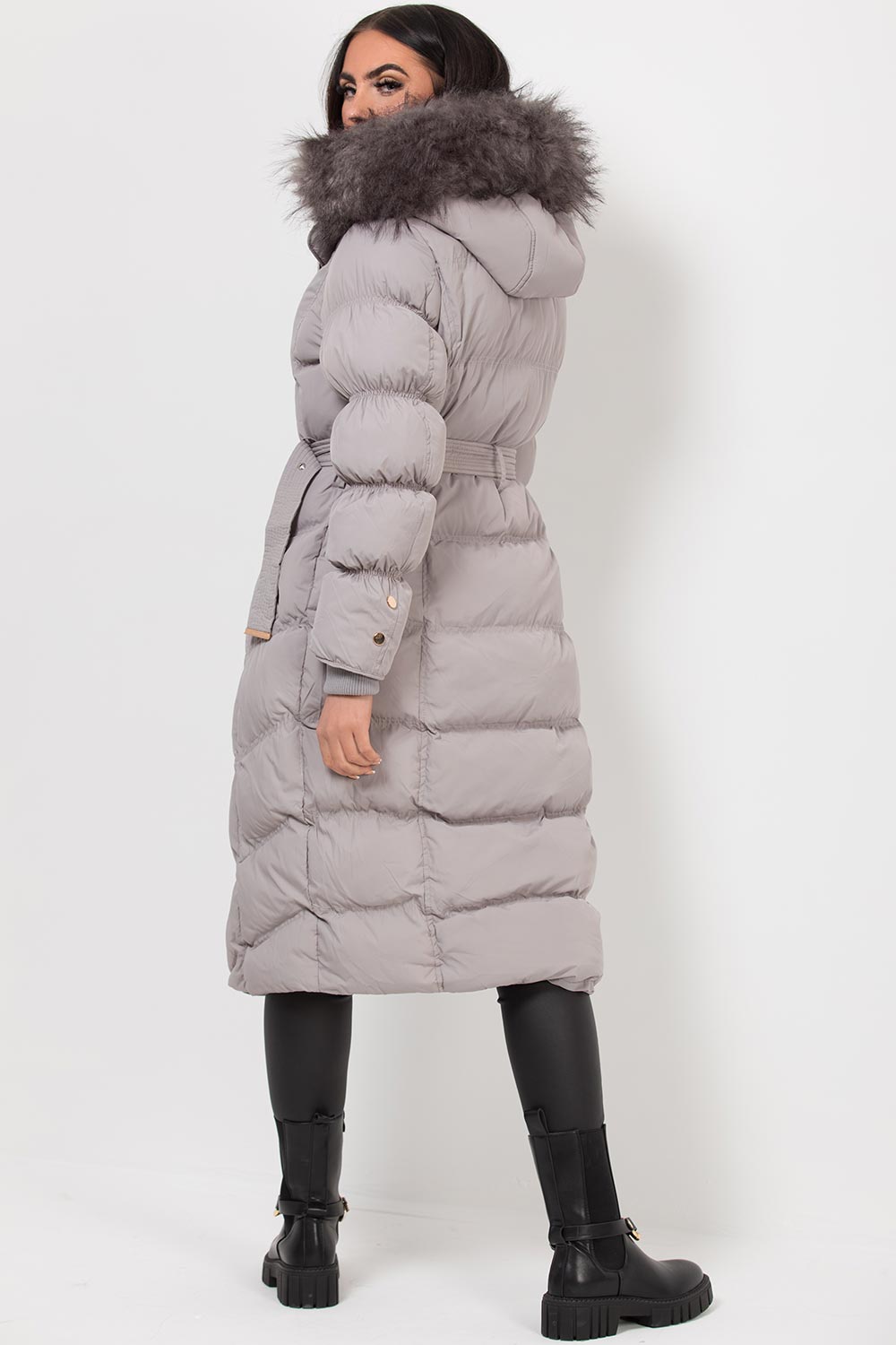 Long Puffer Coat With Fur Hood And Belt Grey