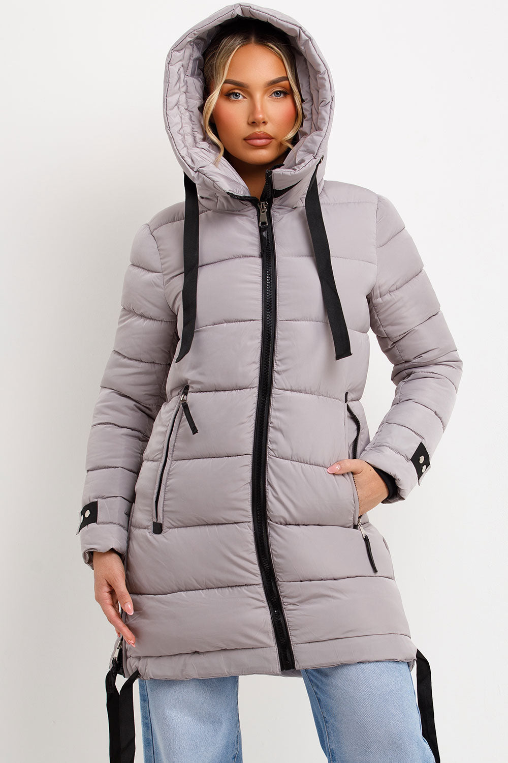 Long Puffer Coat With Hood And Side Straps Grey